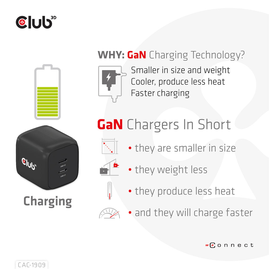 CLUB3D CAC-1909EU chargeur d'appareils mobiles Téléphone portable, Ordinateur portable, Smartphone Noir Secteur Intérieure
