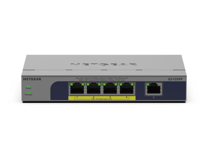 NETGEAR GS105PP Non-géré Gigabit Ethernet (10/100/1000) Connexion Ethernet, supportant l'alimentation via ce port (PoE) Montage sur le bureau ou sur le mur Gris