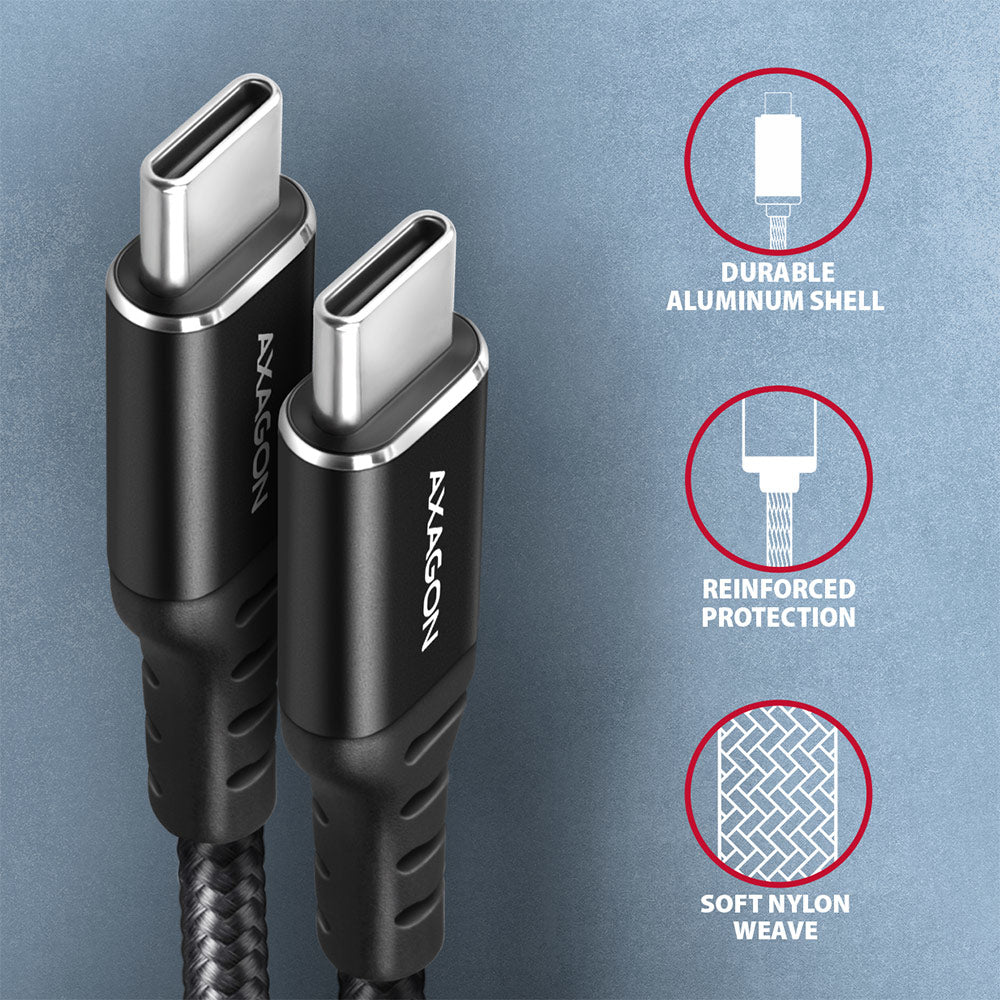 Axagon Data and charging USB 2.0 cable 1.5 m long. PD 60W, 3A. Black braided. câble USB 1,5 m USB C 0,48 Gbit/s Noir