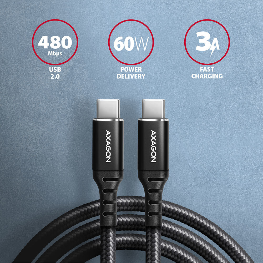 Axagon Data and charging USB 2.0 cable 1.5 m long. PD 60W, 3A. Black braided. câble USB 1,5 m USB C 0,48 Gbit/s Noir