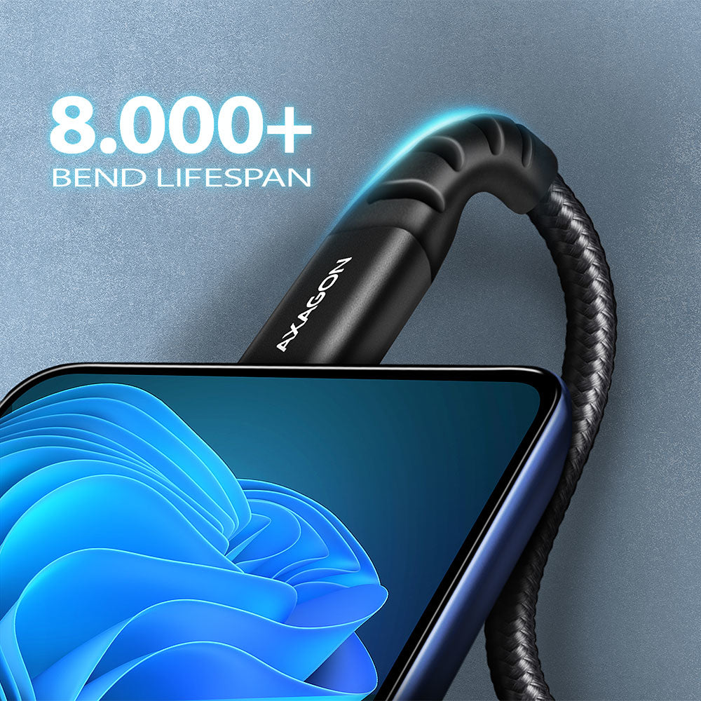 Axagon Data and charging USB 2.0 cable 1.5 m long. PD 60W, 3A. Black braided. câble USB 1,5 m USB C 0,48 Gbit/s Noir