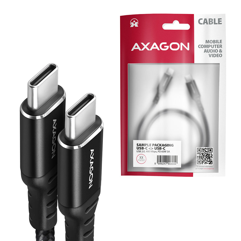 Axagon Data and charging USB 2.0 cable 1.5 m long. PD 60W, 3A. Black braided. câble USB 1,5 m USB C 0,48 Gbit/s Noir