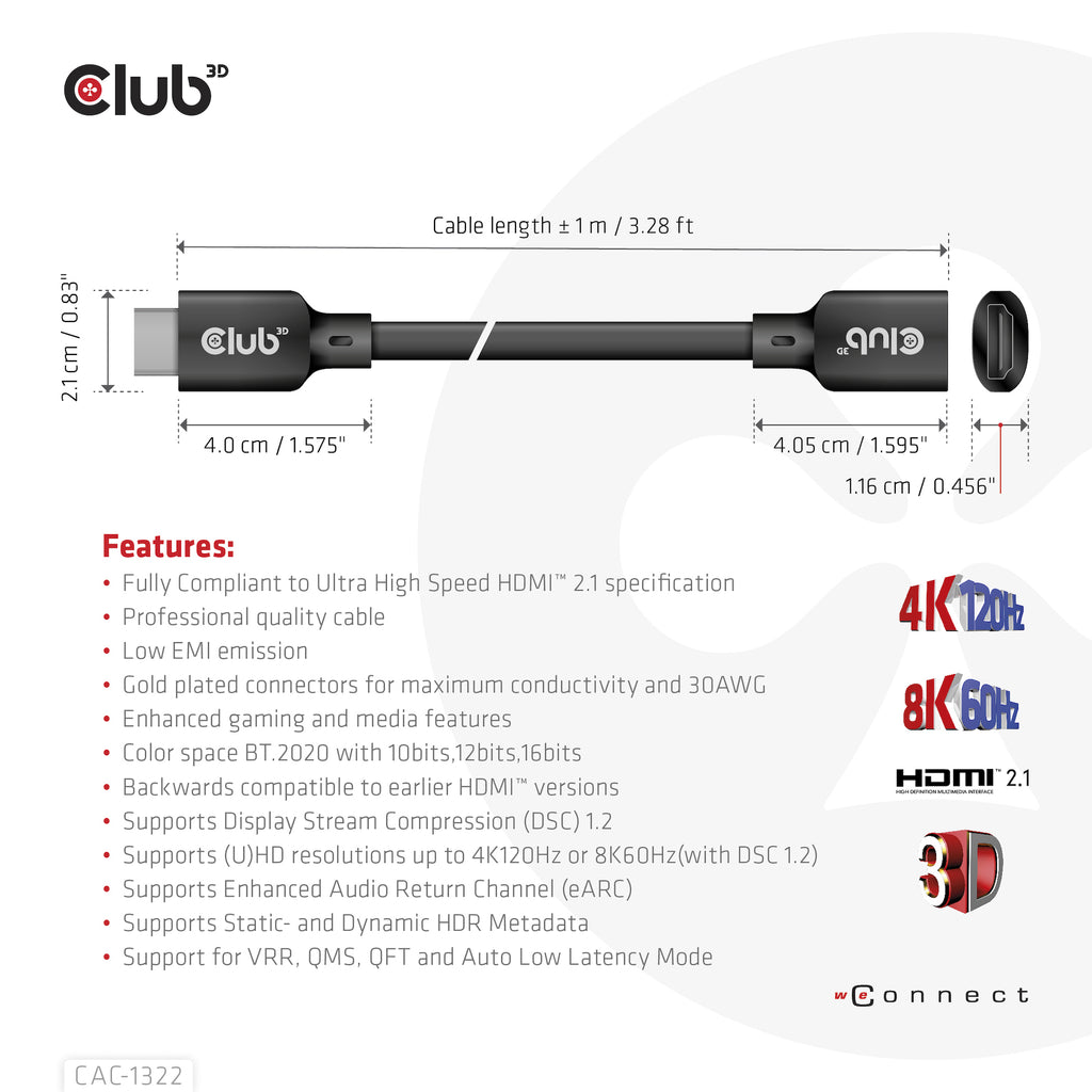 CLUB3D CAC-1322 câble HDMI 1 m HDMI Type A (Standard) Noir