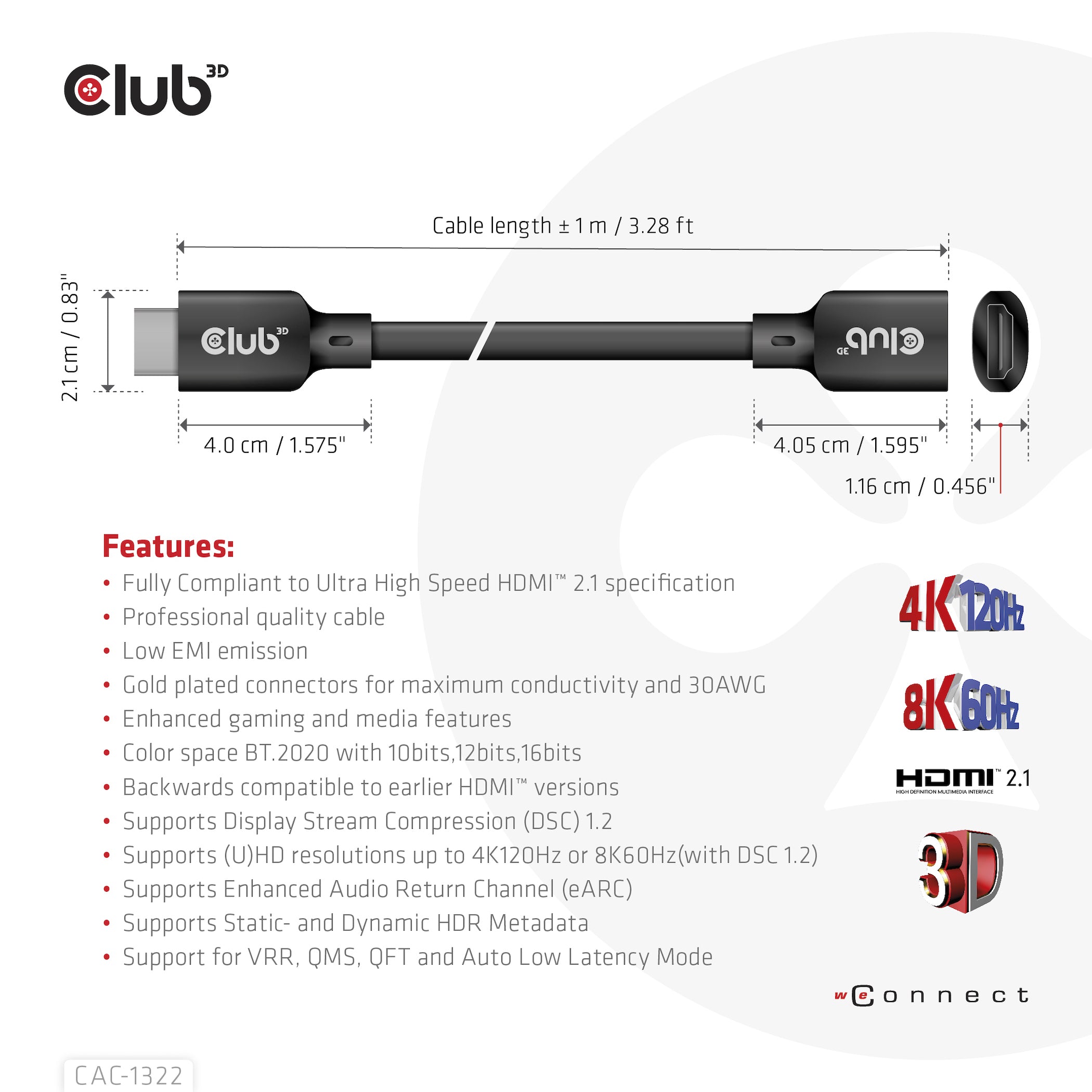 CLUB3D CAC-1322 câble HDMI 1 m HDMI Type A (Standard) Noir