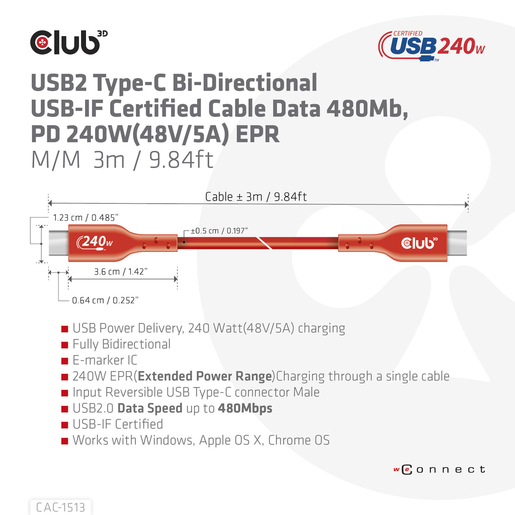 CLUB3D CAC-1513 câble USB USB 2.0 3 m USB C 240 W Orange