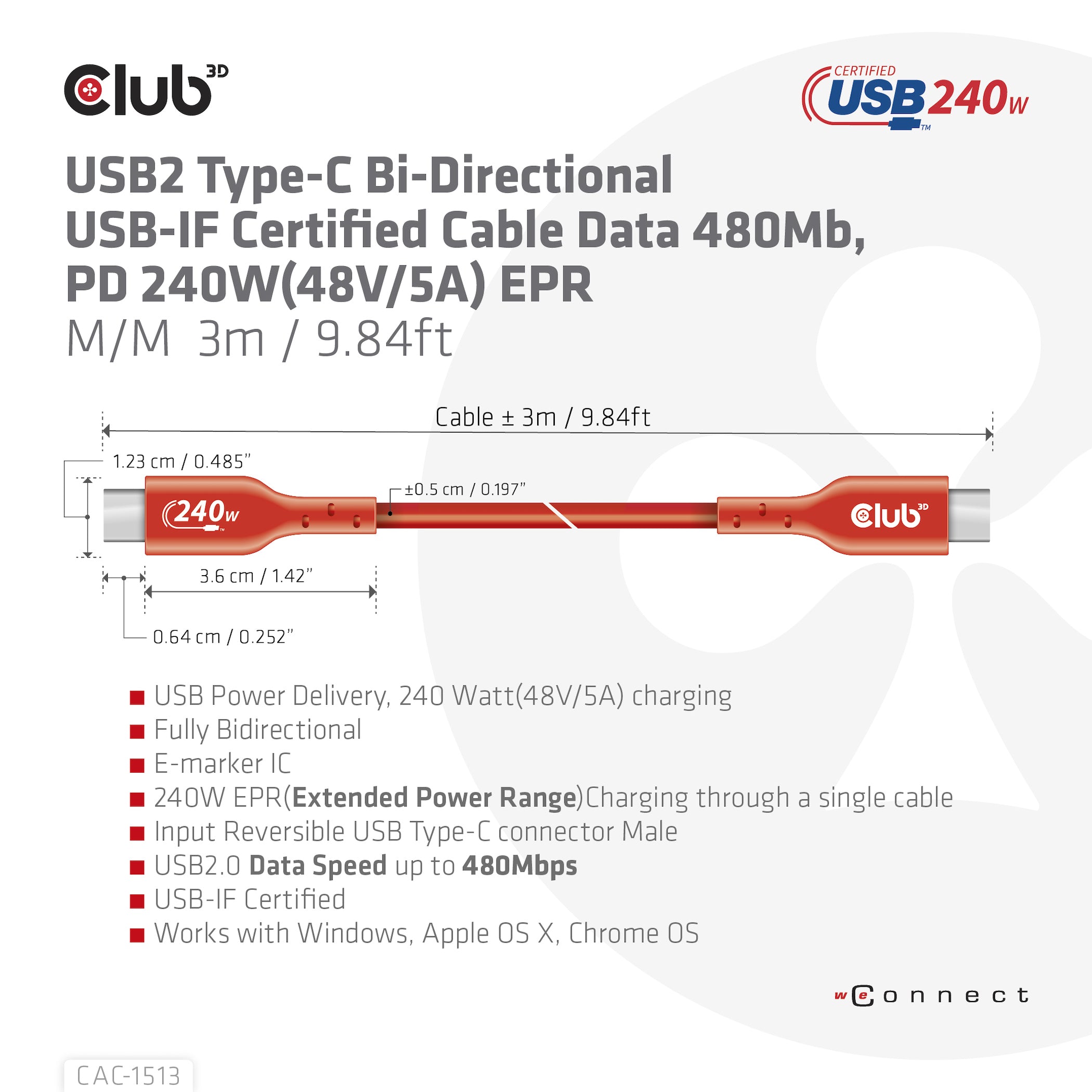 CLUB3D CAC-1513 câble USB USB 2.0 3 m USB C 240 W Orange