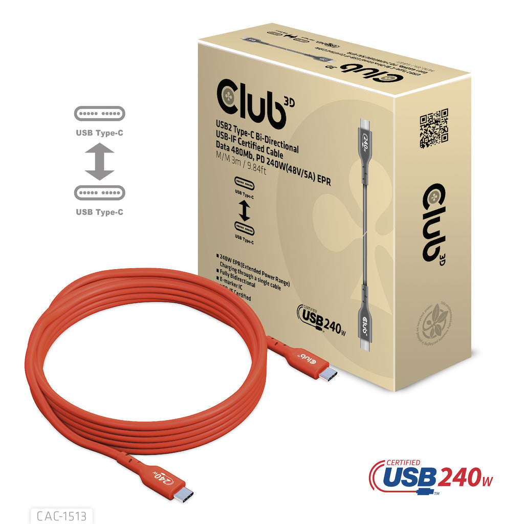 CLUB3D CAC-1513 câble USB USB 2.0 3 m USB C 240 W Orange