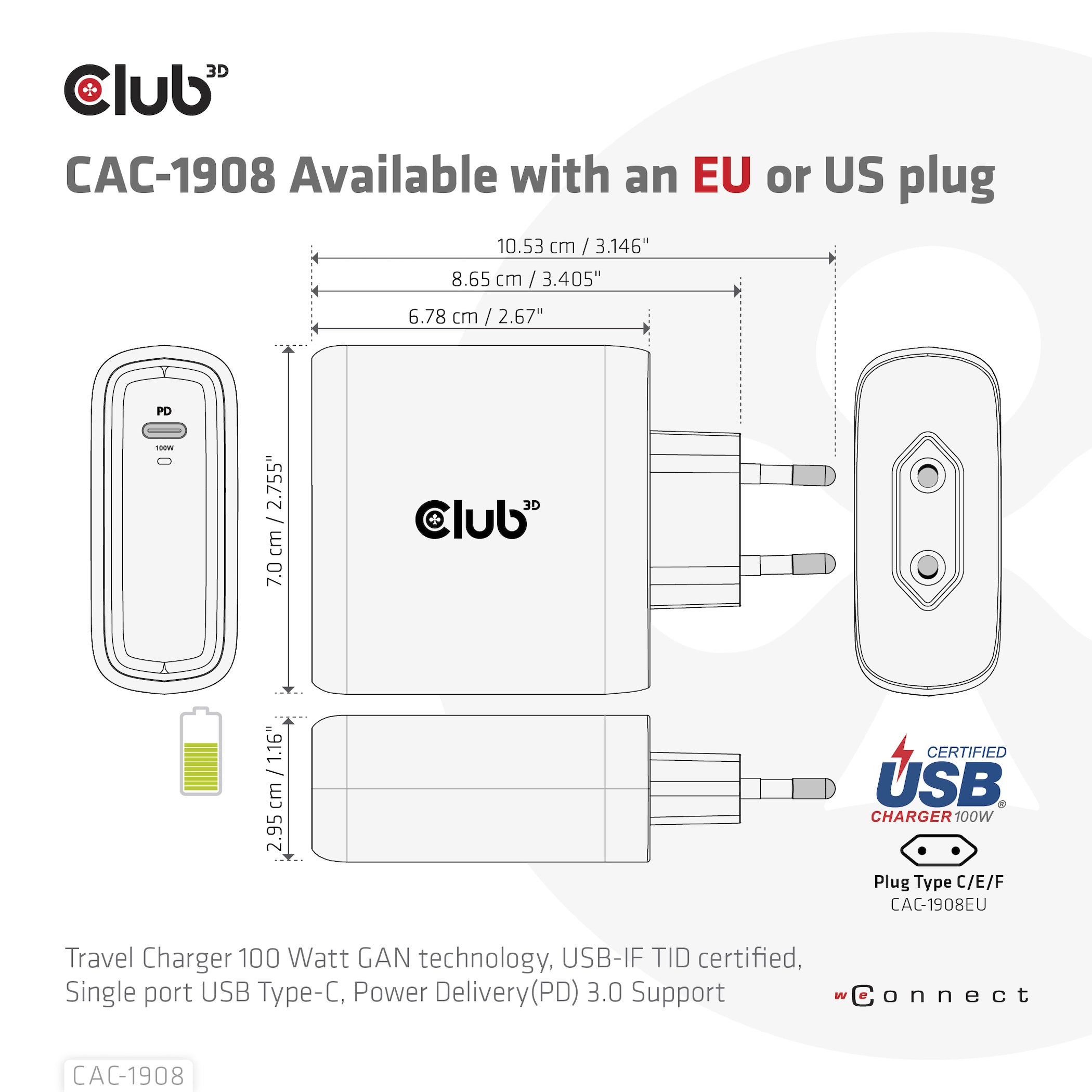 CLUB3D CAC-1908 chargeur d'appareils mobiles Manettes de jeu, Ordinateur portable, Téléphone portable, Ordinateur portable, Consoles portables, Smartphone Noir USB Intérieure