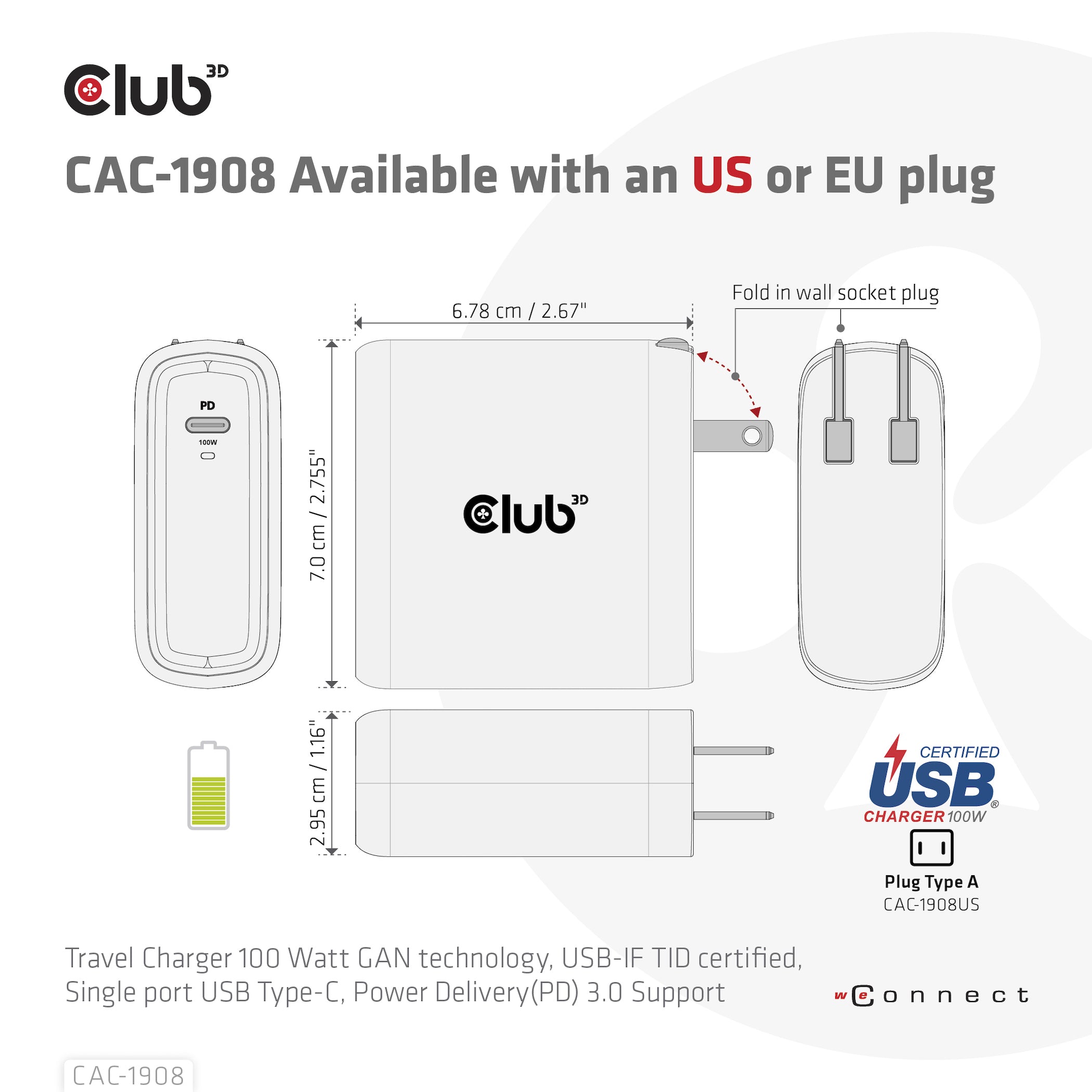CLUB3D CAC-1908 chargeur d'appareils mobiles Manettes de jeu, Ordinateur portable, Téléphone portable, Ordinateur portable, Consoles portables, Smartphone Noir USB Intérieure