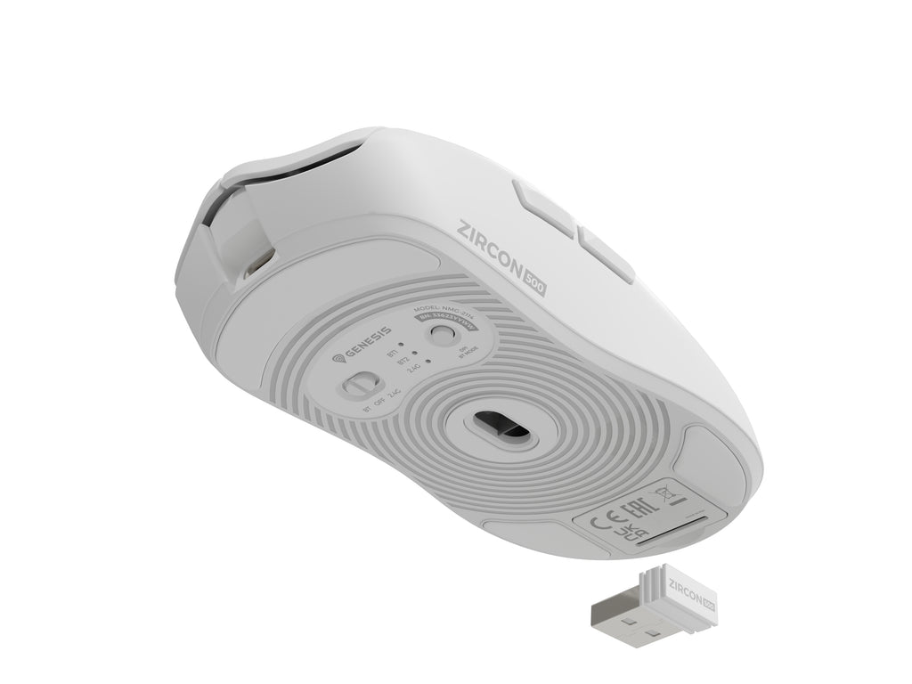 Souris Gaming Zircon 500 Droitier RF Wireless, Bluetooth et USB Type-C, Optique 10000 DPI, Blanche