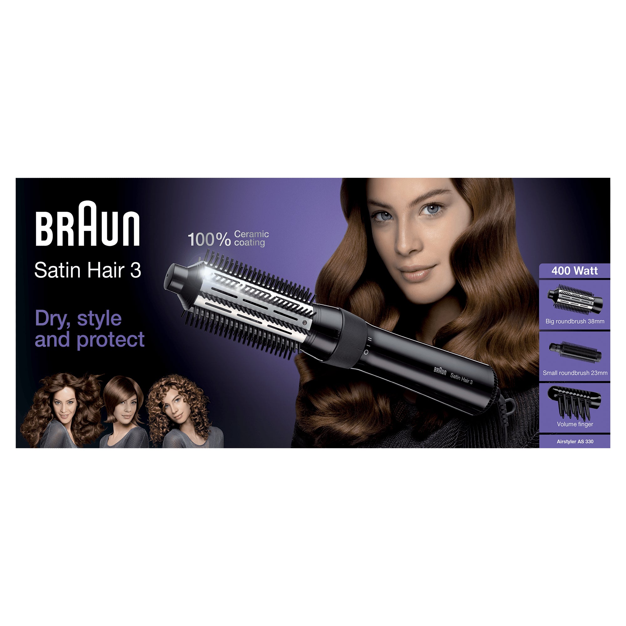 Braun Satin Hair 3 AS 330 Brosse soufflante à air chaud Noir, Bleu, Lilas 400 W 2 m