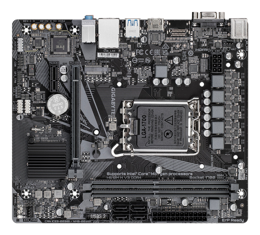 GIGABYTE H610M H V3 DDR4 Carte mère - Compatible avec processeurs Intel Core 14th CPUs, 4+1+1 Hybrid Phases Digital VRM, up to 3200MHz DDR4, 1xPCIe 3.0 M.2, GbE LAN, USB 3.2 Gen 1