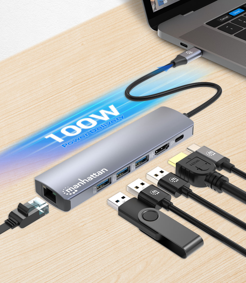 Manhattan Station d'Accueil USB-C 6-en-1, HDMI, Ethernet, 3x USB-A, USB-C PD 100W