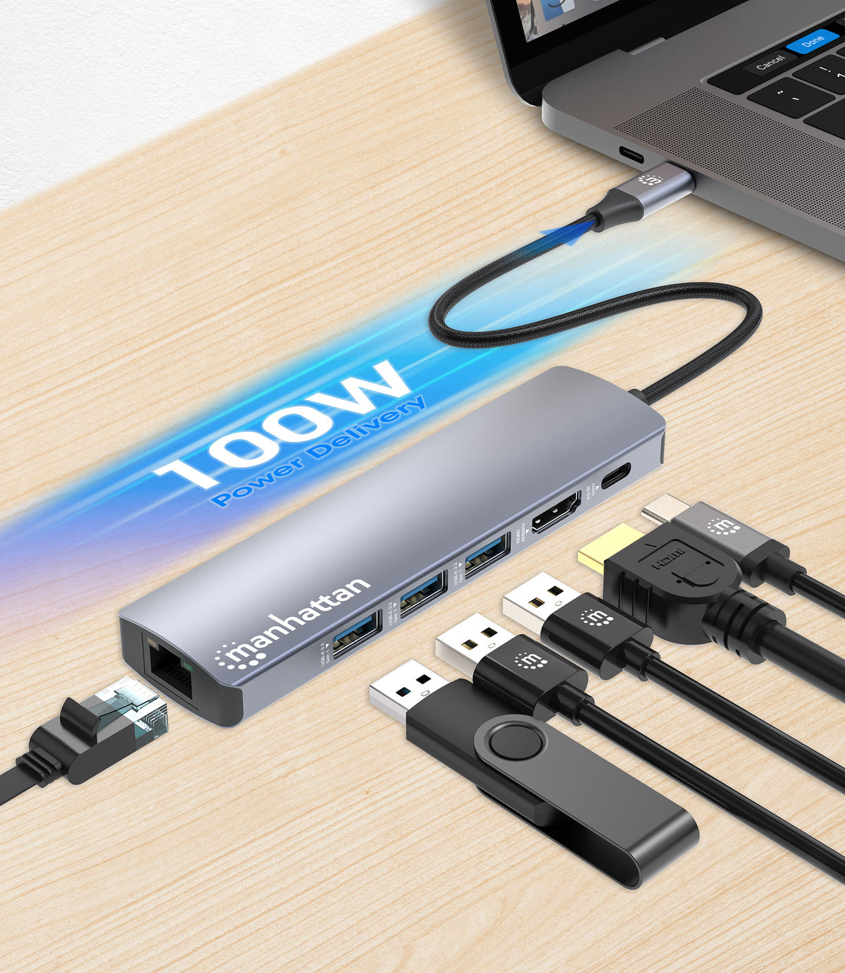 Manhattan Station d'Accueil USB-C 6-en-1, HDMI, Ethernet, 3x USB-A, USB-C PD 100W