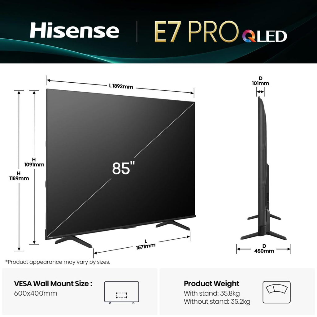 Hisense 85E77Q PRO Smart TV 85" 4K Ultra HD QLED Wifi Noir