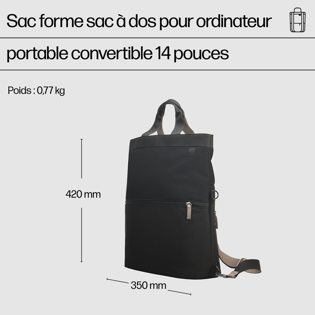 HP Sac à Dos Convertible pour Ordinateur Portable 14 pouces, 18L, Noir