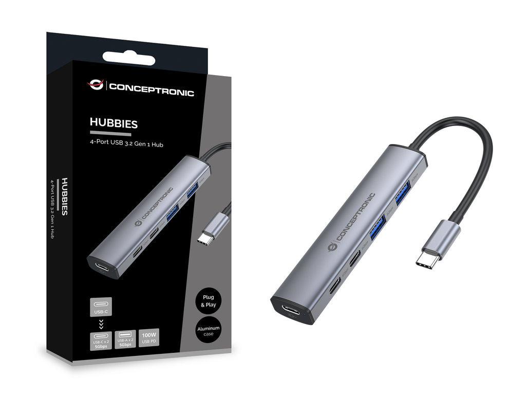 Conceptronic HUBBIES22G Hub USB 3.2 Gen 1 Type-C, 5000 Mbit/s, Gris
