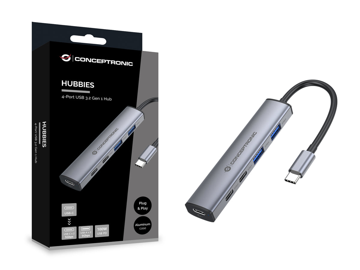 Conceptronic HUBBIES22G Hub USB 3.2 Gen 1 Type-C, 5000 Mbit/s, Gris