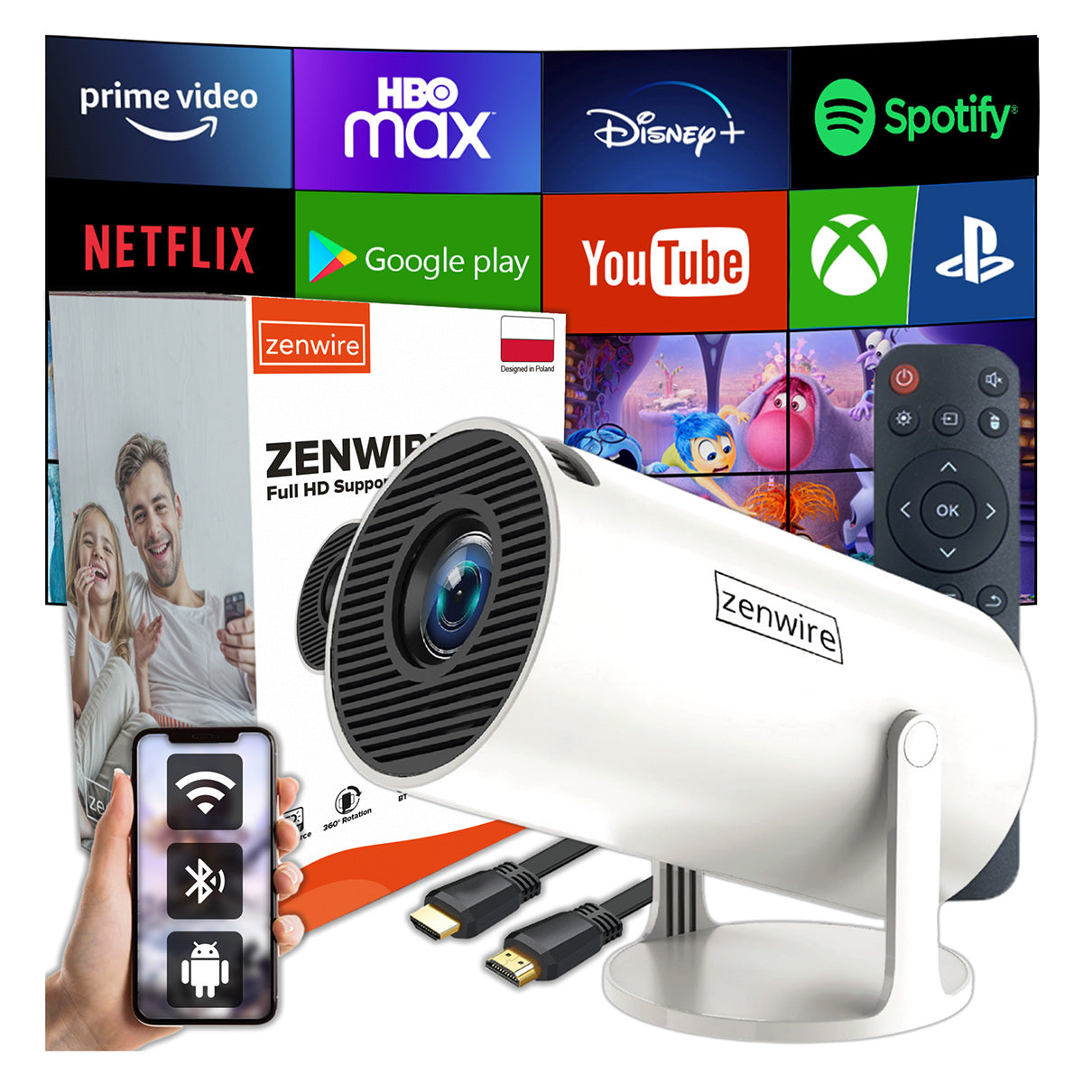 Mini-projecteur portable Android 13 avec Wi-Fi, projection rotative, Full HD 4K, Bluetooth, correction automatique de la distorsion 4D, Zenwire R1 360