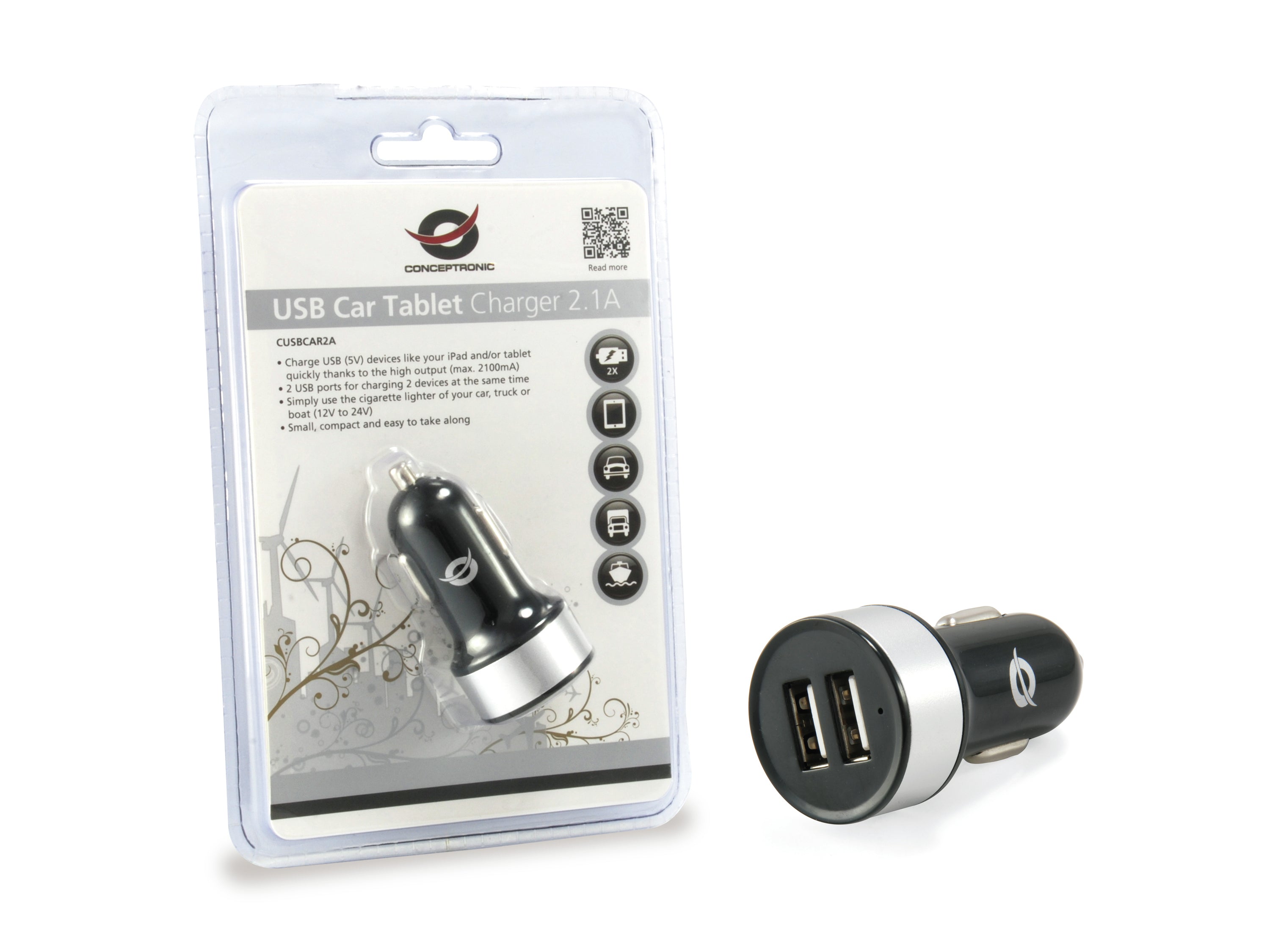 Conceptronic CUSBCAR2A chargeur d'appareils mobiles Tablette Argent Allume-cigare Auto