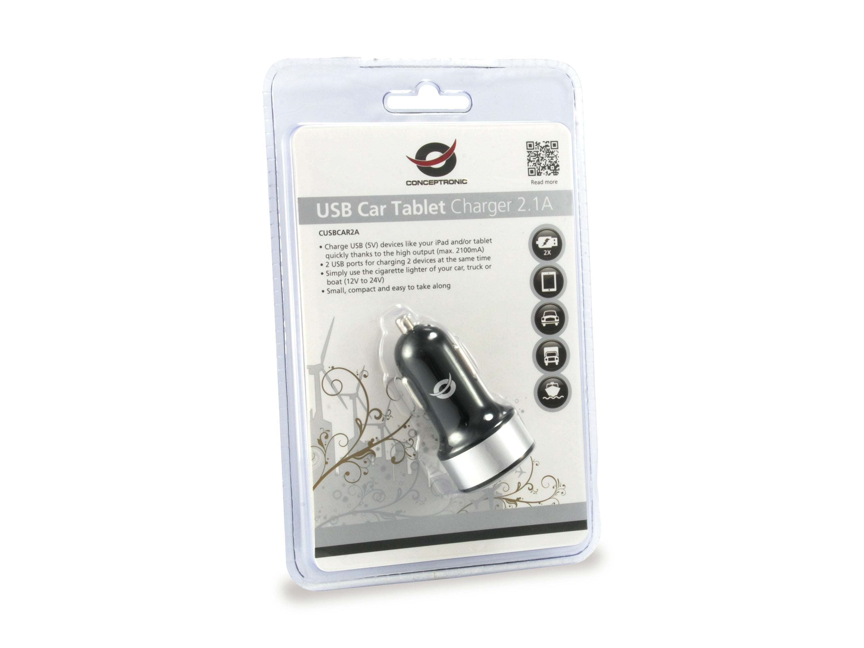 Conceptronic CUSBCAR2A chargeur d'appareils mobiles Tablette Argent Allume-cigare Auto
