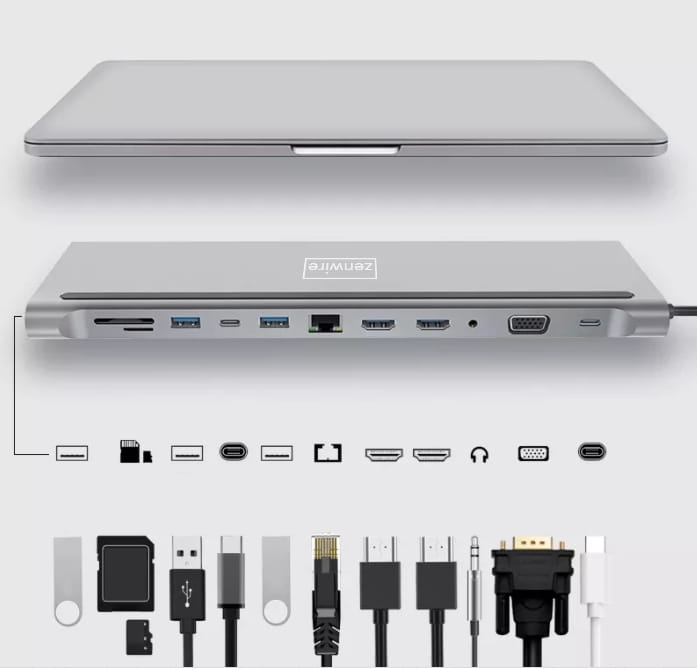 STATION D'ACCUEIL HUB ADAPTATEUR USB-C 12-en-1 Station d'accueil 2x HDMI 4K ETHERNET RJ45 USB 3.0 SD M1 M2 M3 Zenwire BYL-2211
