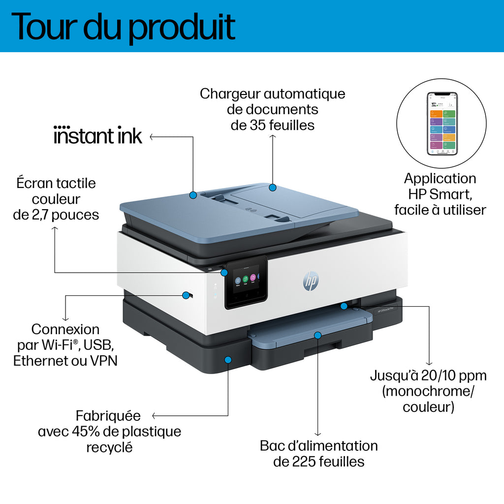 HP OfficeJet Pro 8125e Sans fil All-in-One Couleur Imprimante, Instant Ink; Impression recto-verso