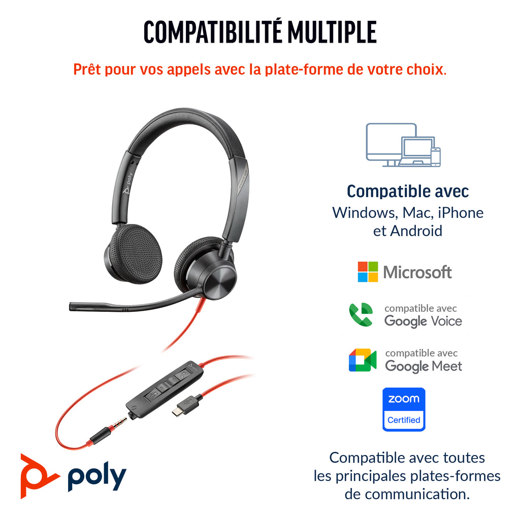 HP Poly Micro-casque Poly Blackwire 3325 stéréo USB-C certifié Microsoft Teams + connexion 3,5 mm + adaptateur USB-C/A