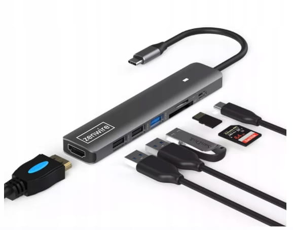 Hub adaptateur USB-C 7-en-1 HDMI 4K USB 3.0 SD PD compatible avec MacBook M1, M2 et M3 - LED Zenwire BS-HC703