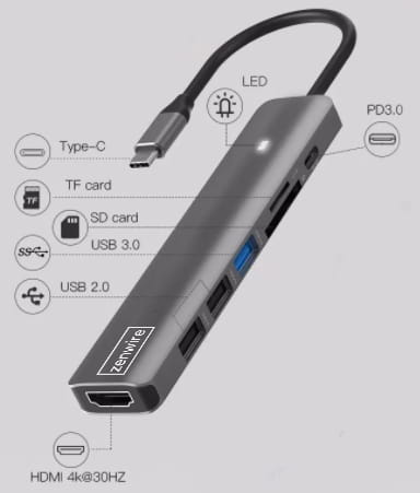Hub adaptateur USB-C 7-en-1 HDMI 4K USB 3.0 SD PD compatible avec MacBook M1, M2 et M3 - LED Zenwire BS-HC703