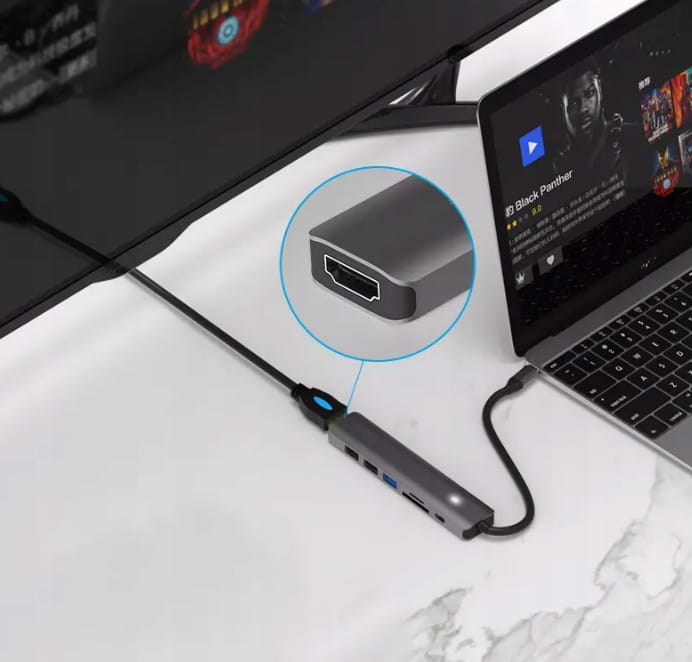 Hub adaptateur USB-C 7-en-1 HDMI 4K USB 3.0 SD PD compatible avec MacBook M1, M2 et M3 - LED Zenwire BS-HC703