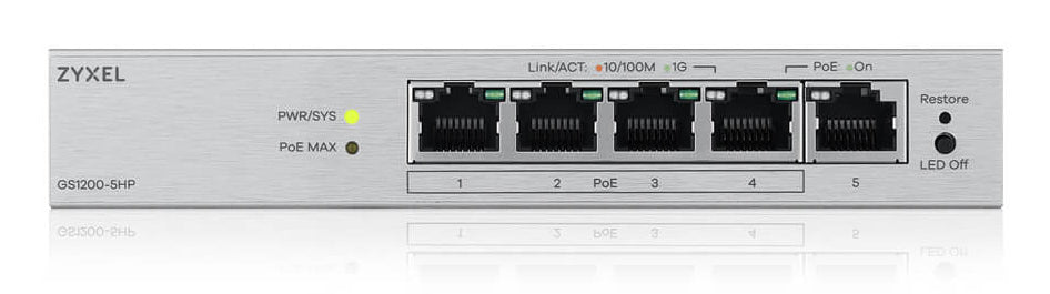 Zyxel GS1200-5HPV3 Géré L2 Gigabit Ethernet (10/100/1000) Connexion Ethernet, supportant l'alimentation via ce port (PoE) Bureau Gris