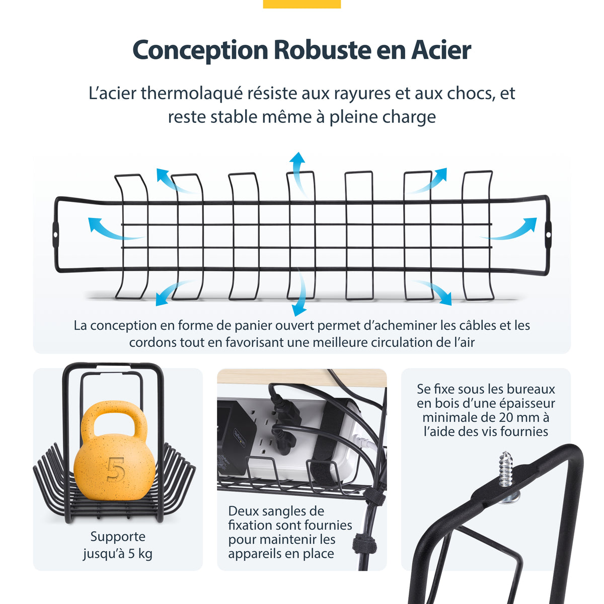 StarTech.com Bac de Rangement de Câbles sous Bureau, 61,5cm, Organiseur Métallique Type Panier, Noir