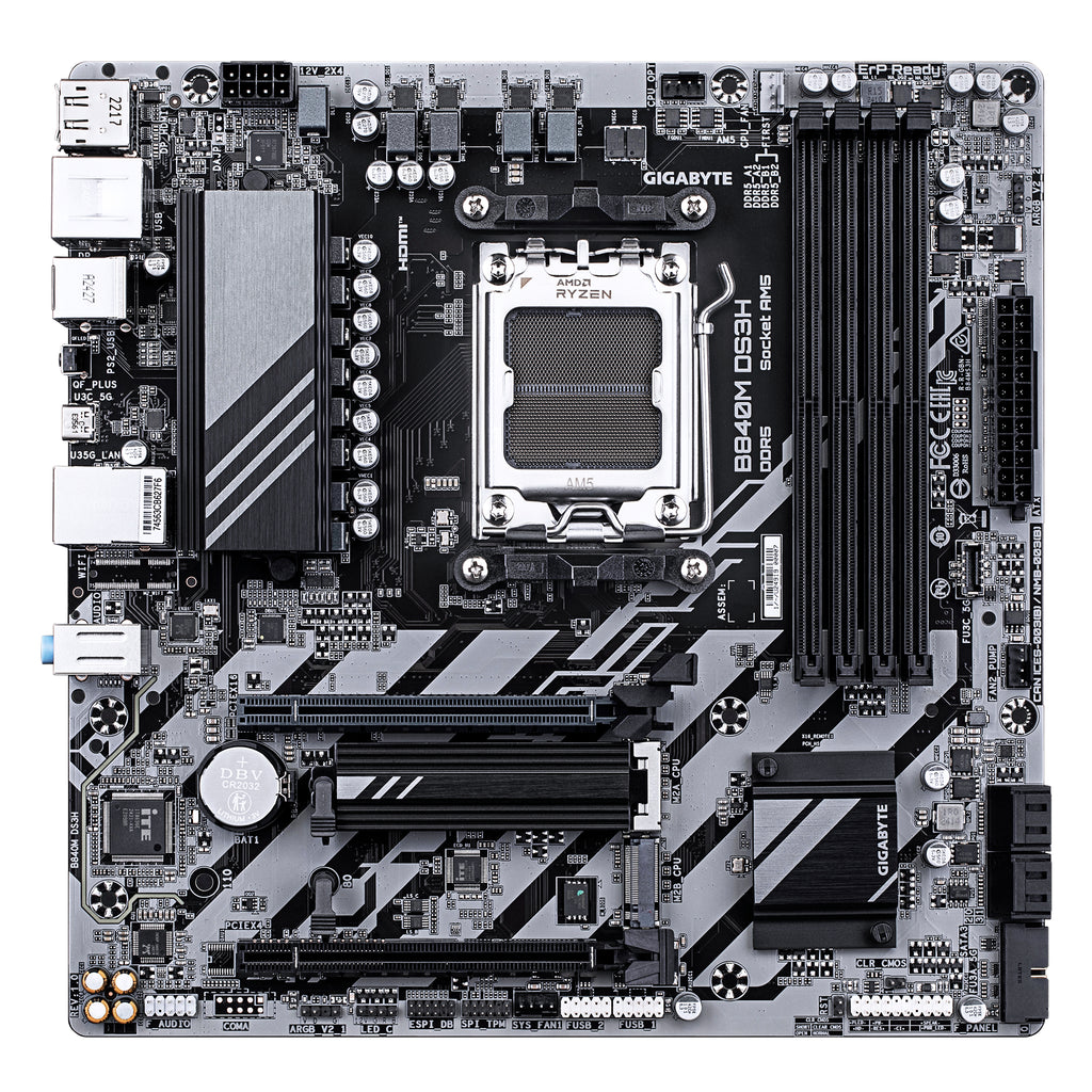 GIGABYTE B840M DS3H Carte mère - Processeurs AMD Ryzen 9000, VRM 8+2+2 phases, jusqu'à 8200 MHz DDR5, 2xPCIe 4.0 M.2, LAN 2.5GbE, USB 3.2 Gen 1