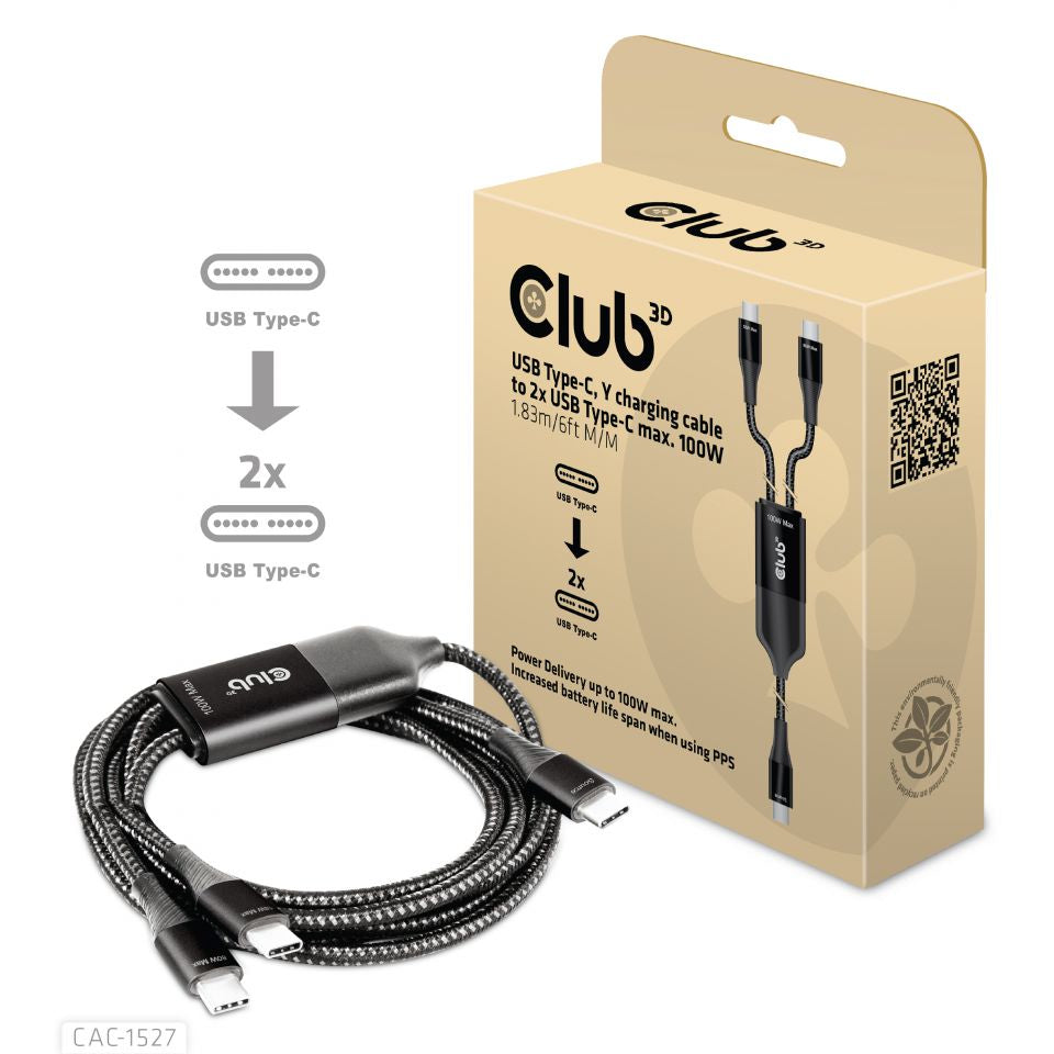 CLUB3D CAC-1527 Câble USB-C vers 2 x USB-C, 100W, Noir, 1,83 m