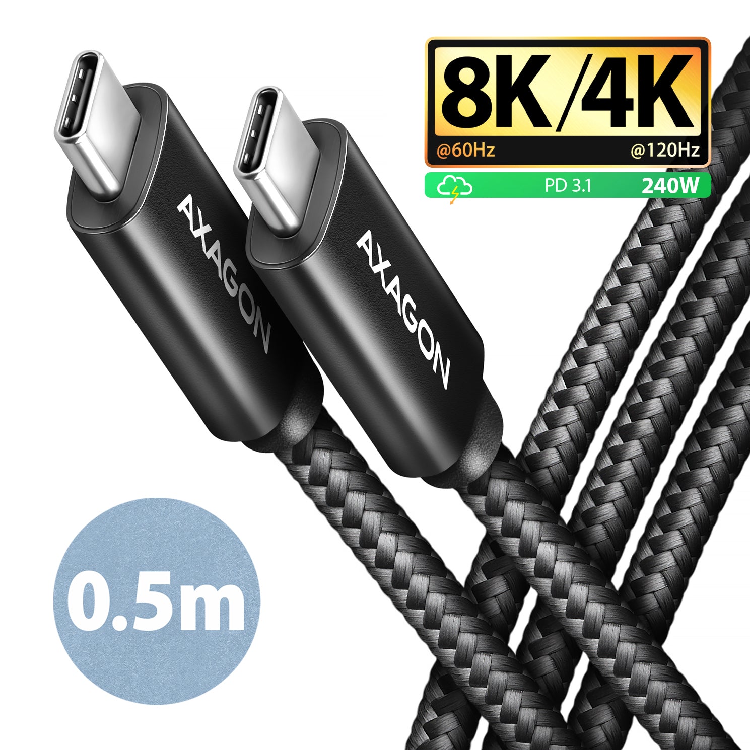 Axagon BUCM4X-CM05AB câble USB USB4 Gen 3x2 0,5 m USB C 40 Gbit/s 240 W Noir