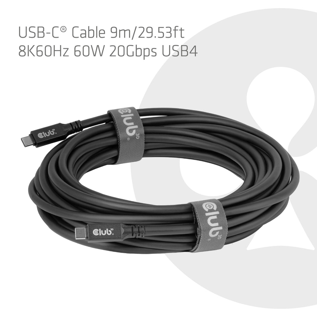 CLUB3D Câble USB-C® 8K 60 Hz, 100 W, 20 Gbps, USB4, 9 m / 29,53 pieds