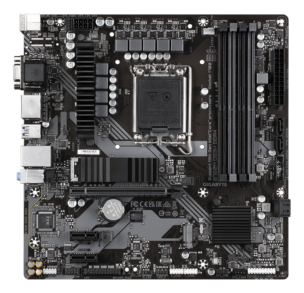 GIGABYTE B760M DS3H DDR4 Carte Mère, Intel Core 14e Génération, VRM 6+2+1 Phases, DDR4 5333MHz (OC), 2x PCIe 4.0 M.2, LA