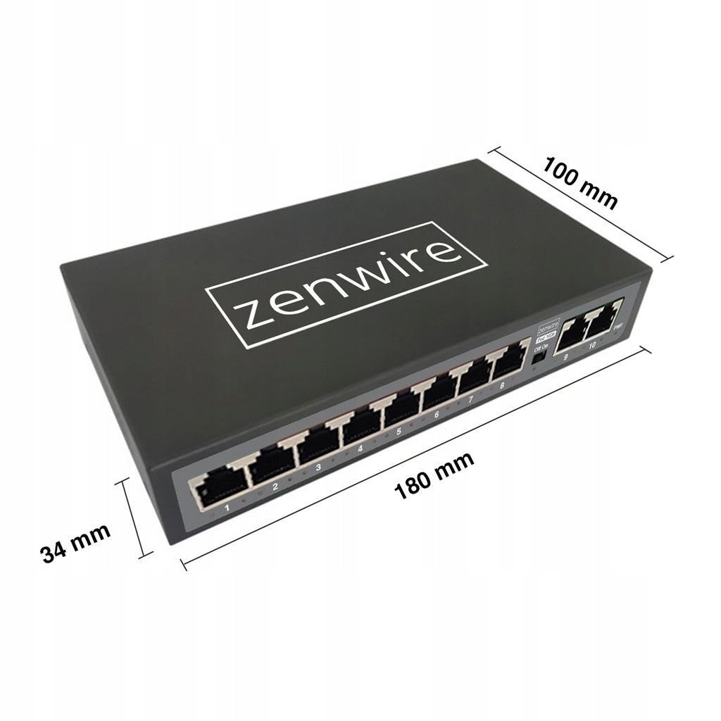 Commutateur répartiteur 10 ports (8 POE) avec 2 ports LAN Ethernet RJ45 pour caméras IP Zenwire 1028