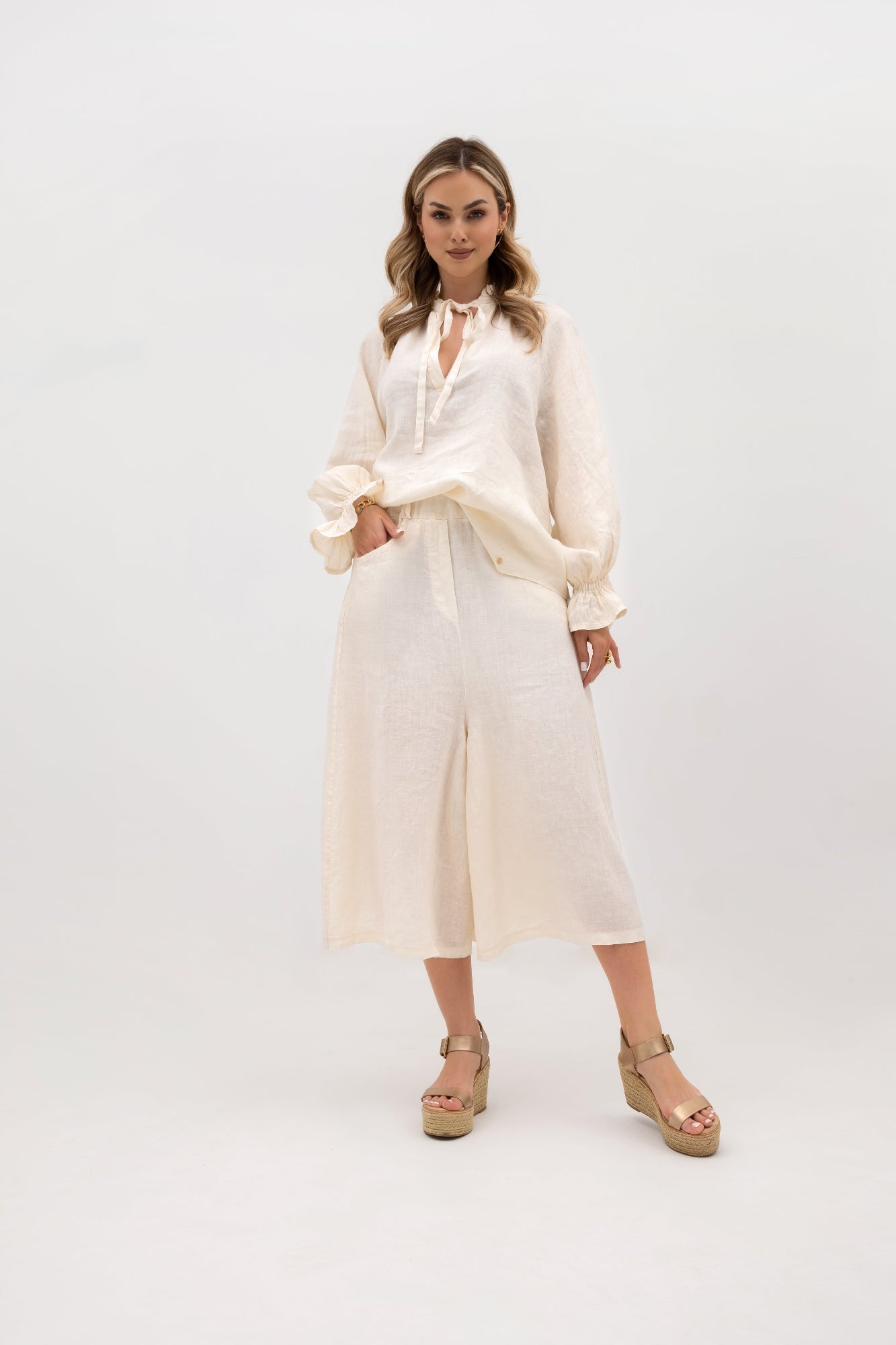 Pantalon-jupe 7/8 en lin - pantalon-jupe ample avec élastique à la taille