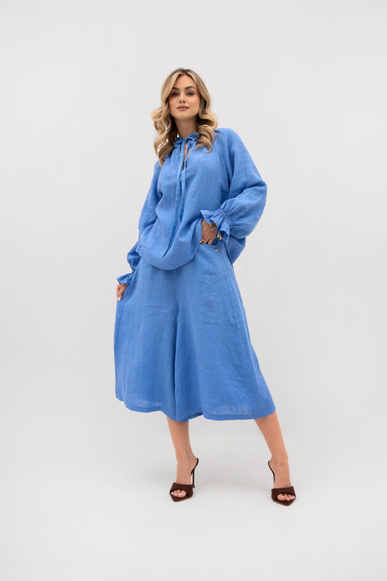 Pantalon-jupe 7/8 en lin - pantalon-jupe ample avec élastique à la taille