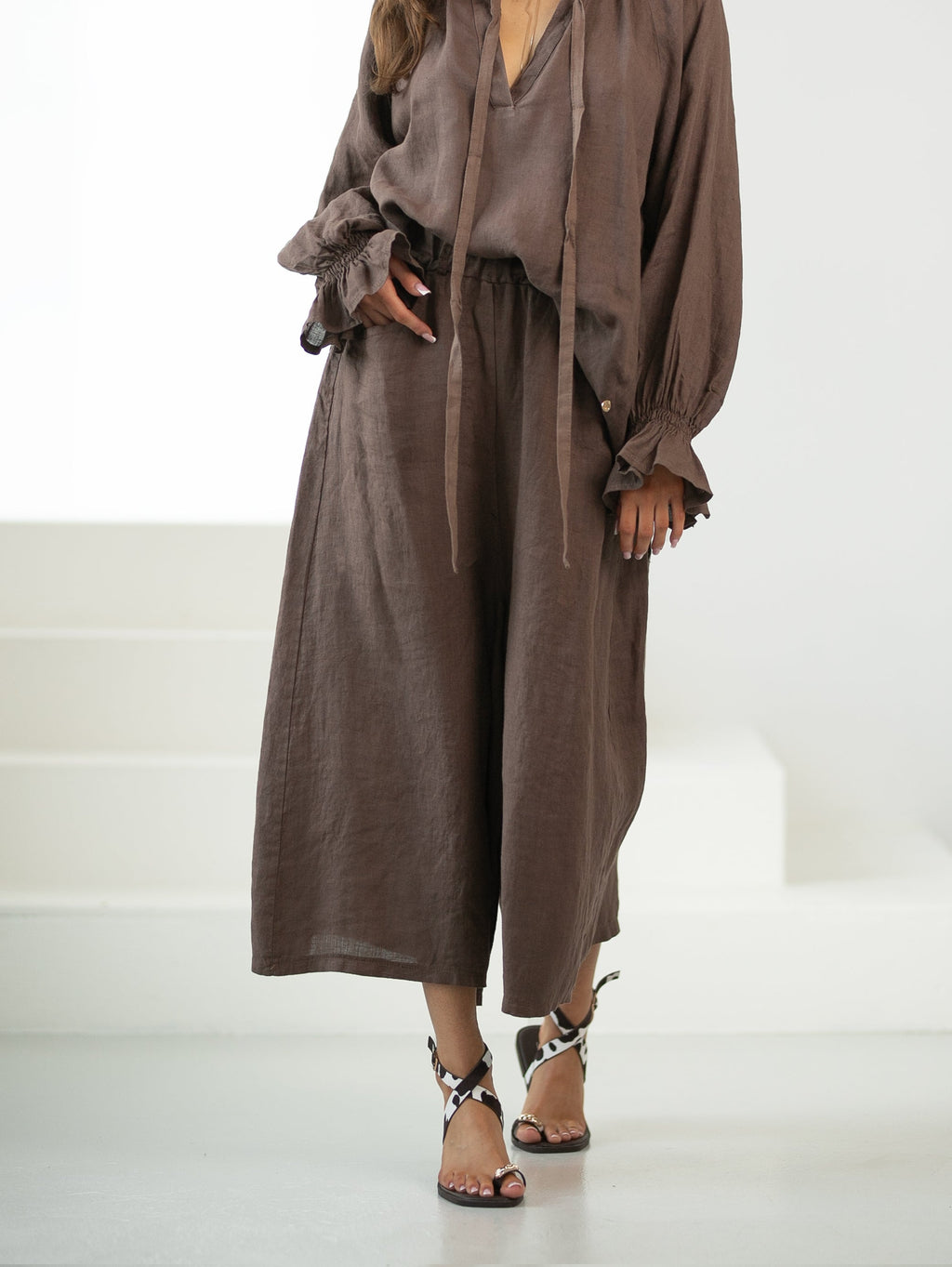 Pantalon-jupe 7/8 en lin - pantalon-jupe ample avec élastique à la taille