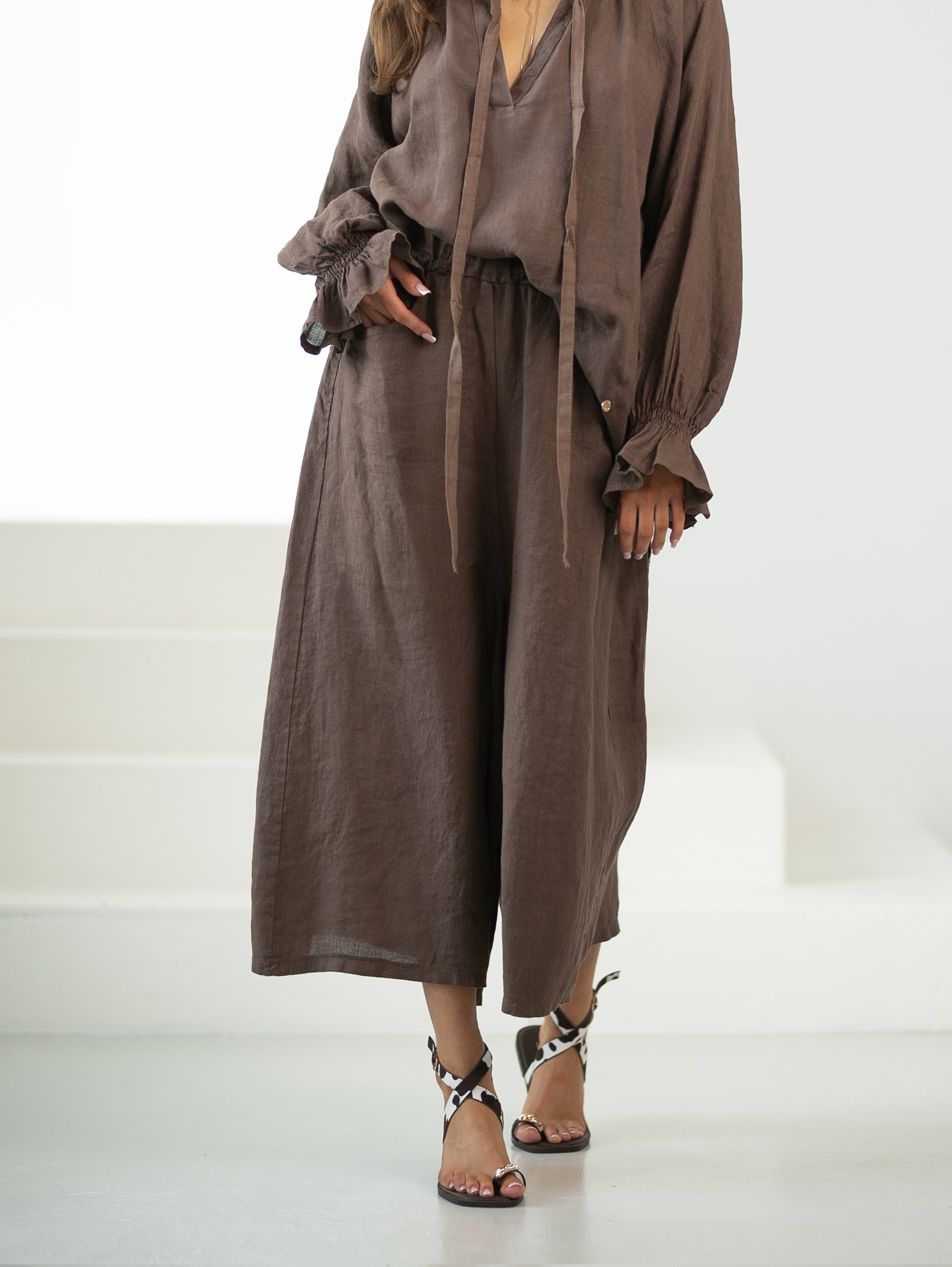 Pantalon-jupe 7/8 en lin - pantalon-jupe ample avec élastique à la taille
