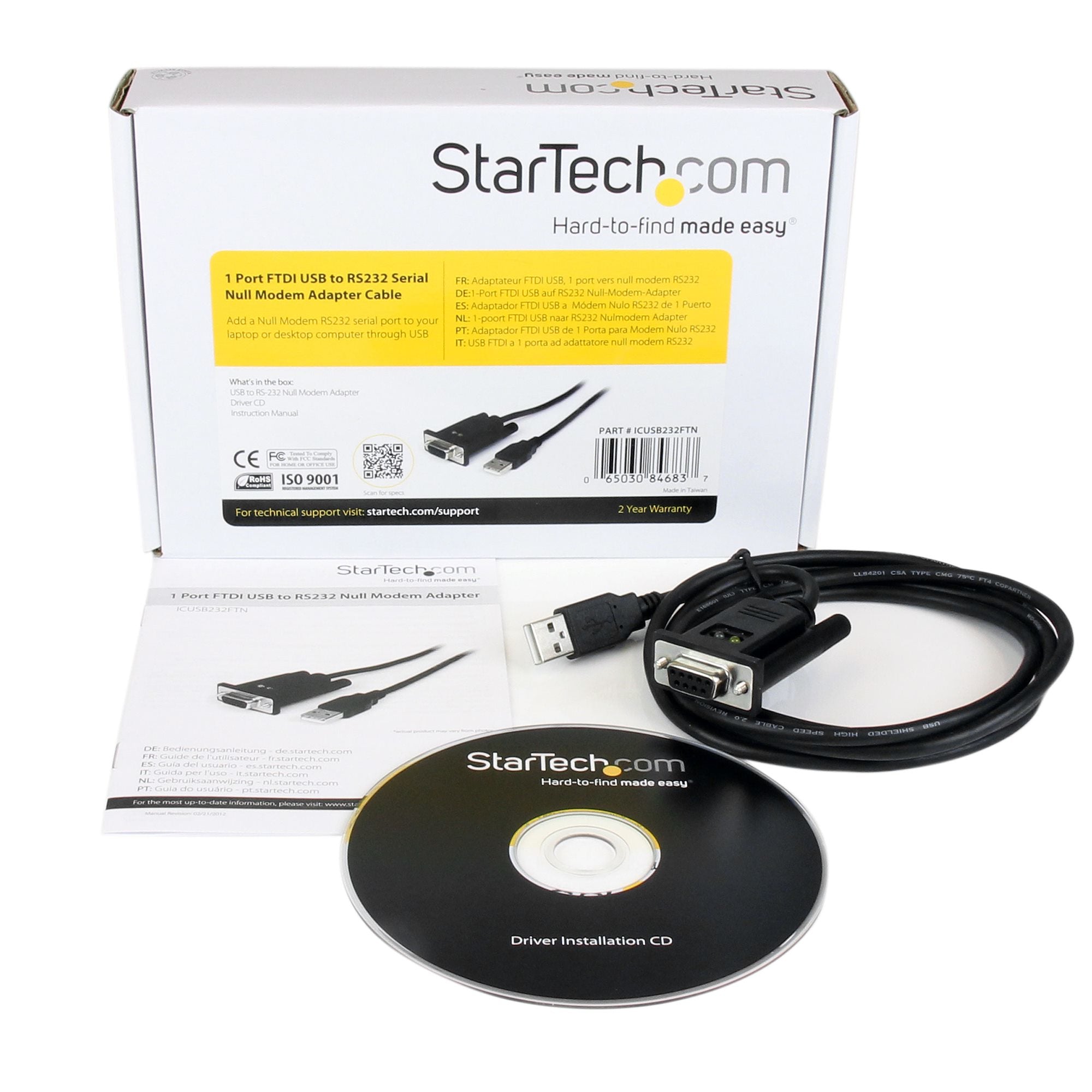 StarTech.com Câble Adaptateur USB vers RS232 Série - Câble DB9 Série DCE avec FTDI - Null Modem - USB 1.1 / 2.0 - Alimenté par Bus