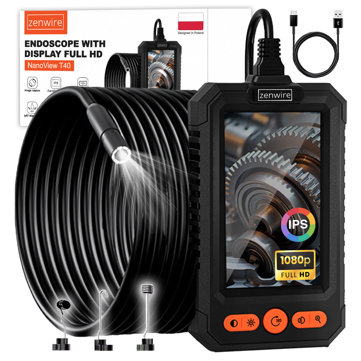Caméra d'inspection d'atelier, endoscope pour conduits de moteur, Full HD, IPS, USB-C, 5 m, Zenwire T40