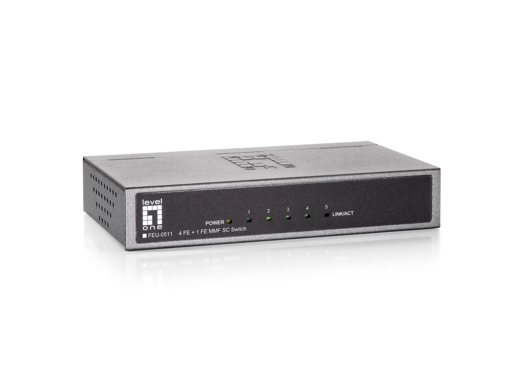 LevelOne FEU-0511 Commutateur Réseau Fast Ethernet 10/100, 4 Ports RJ45 et 1 Port Fibre 100BaseFX, Noir et Gris