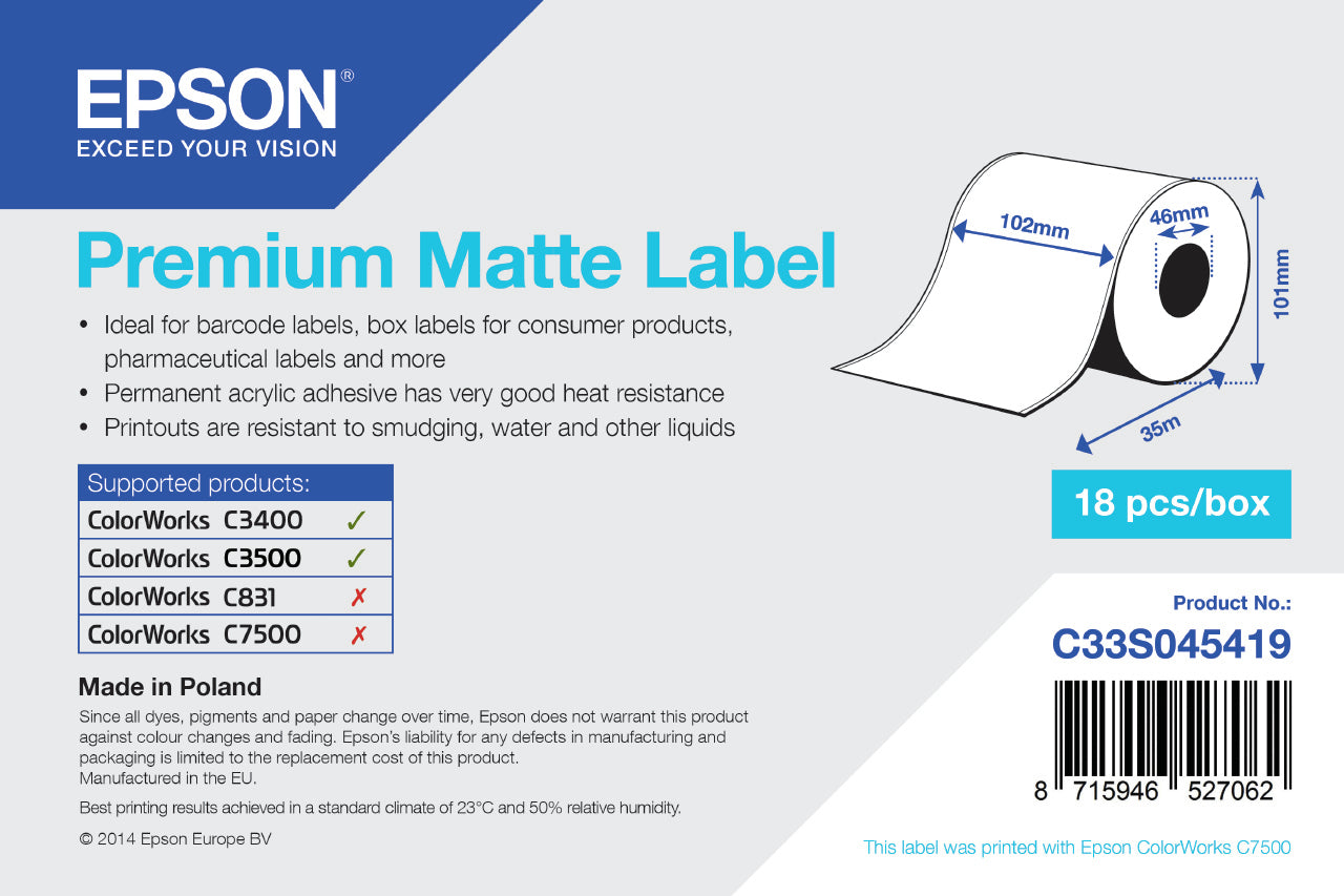 Epson Rouleau adhesif continu Premium Matte 102mm x 35 mm pour TM-C3400