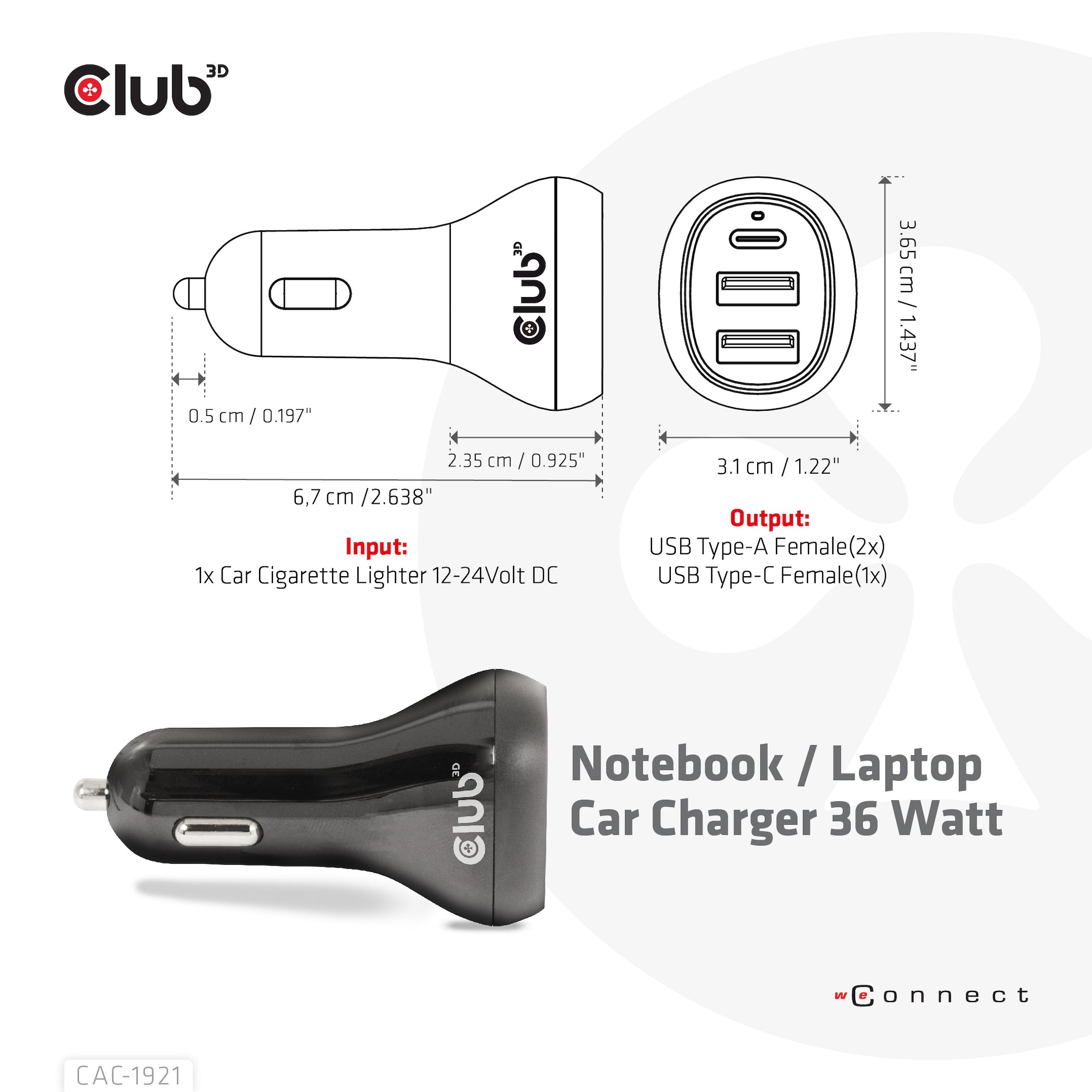 CLUB3D CAC-1921 chargeur d'appareils mobiles Ordinateur portable Noir Allume-cigare Auto