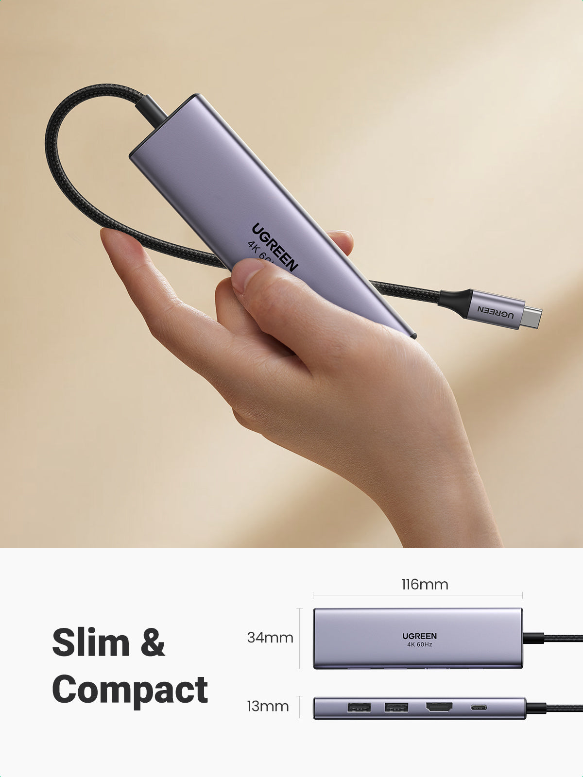 Ugreen CM511 5-in-1 Adapter USB-C Hub to 3x USB3.0 + HDMI + TF/SD Gray