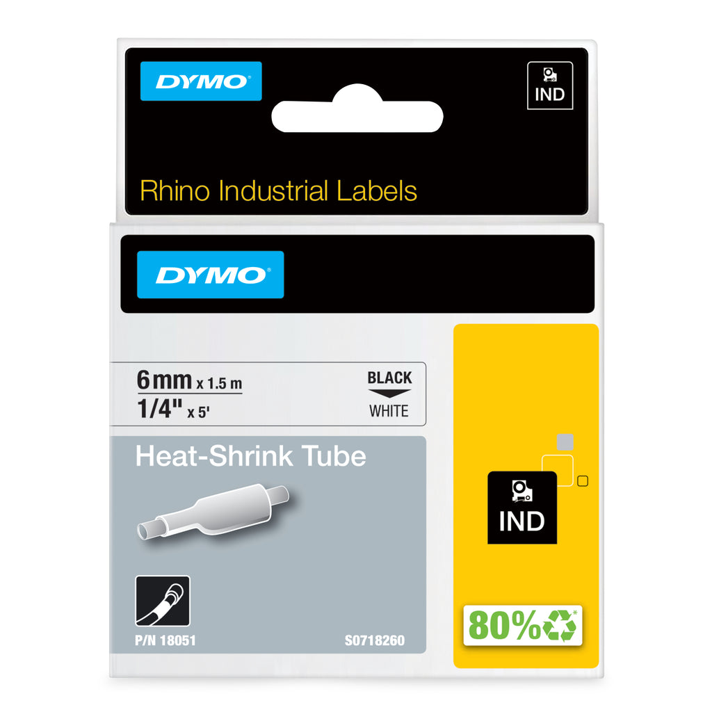 DYMO Rhino gaines thermorétractables industrielles | 6 mm x 1,5 m | Impression en noir sur fond blanc | pour étiqueteuses Rhino